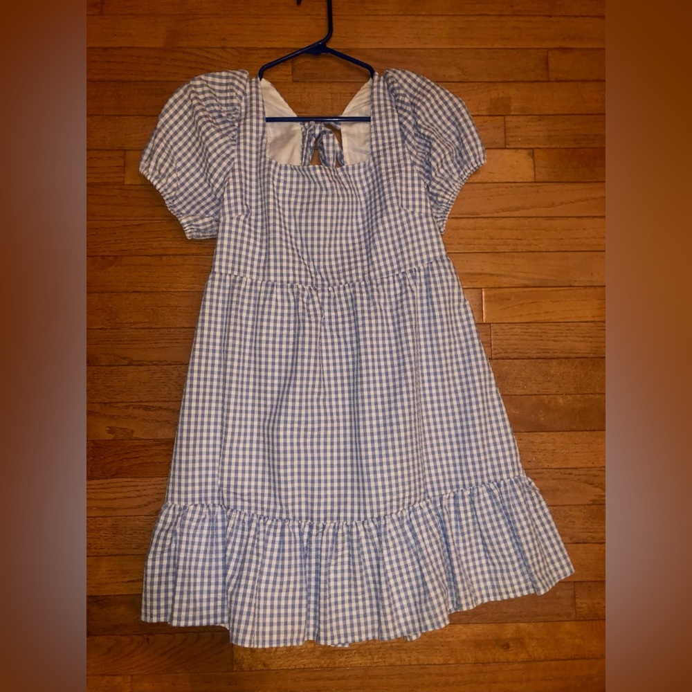 Blue and White Plaid Dress with Bow in the Back